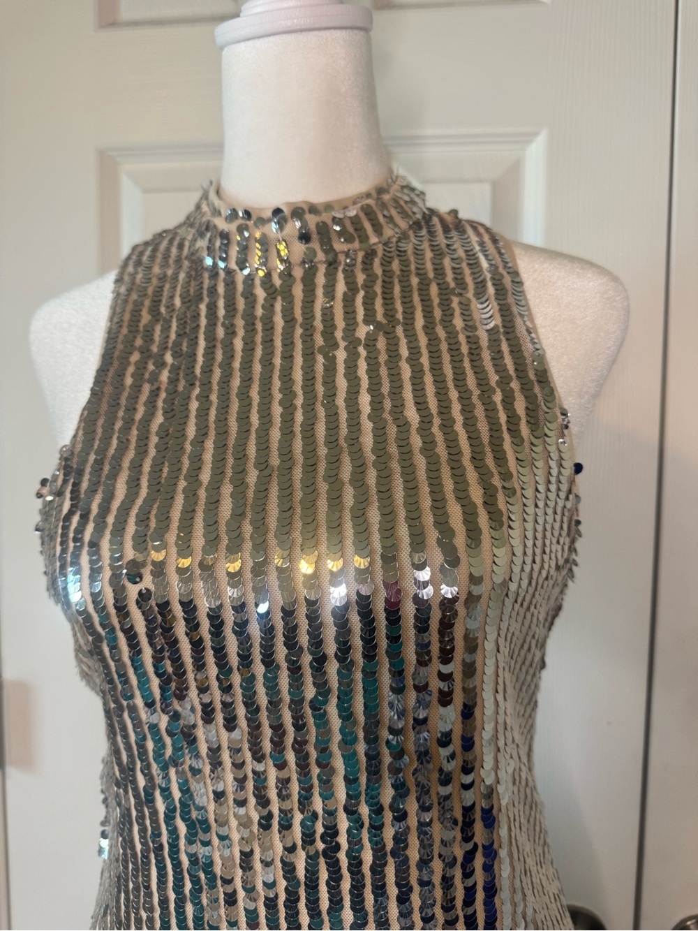 Mademli Boutique NWT Silver Sequin Mini Dress Size Small Nude Mesh Lining - Picture 4 of 9